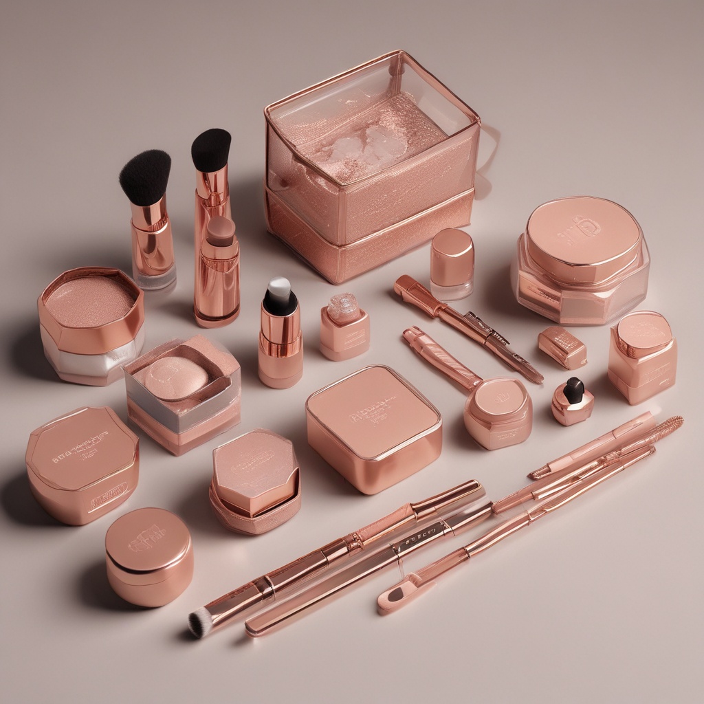 Desirae makeup product packaging in rose gold